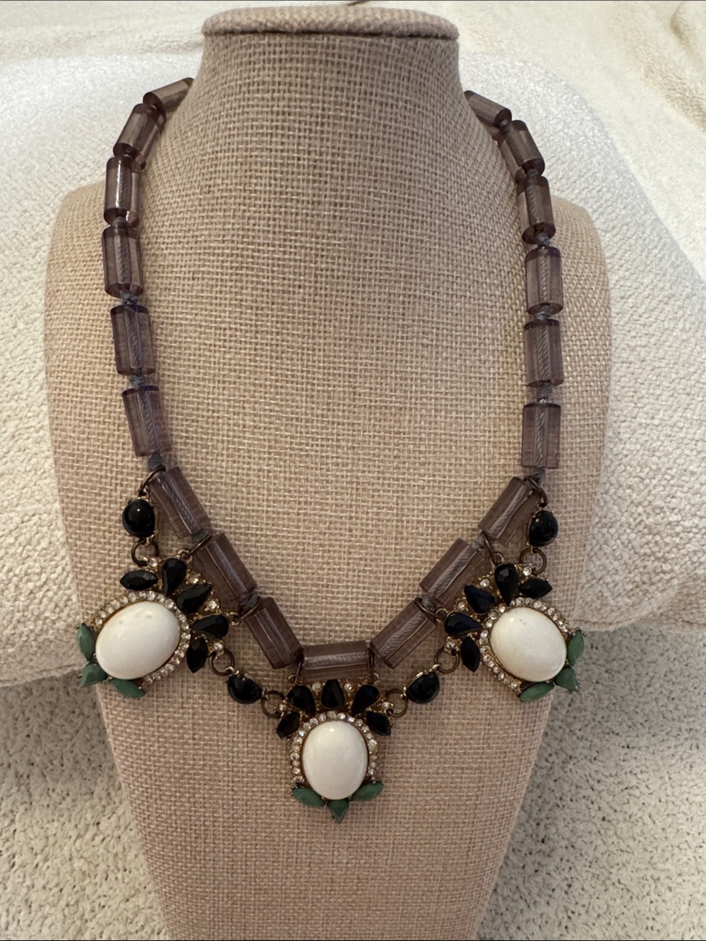 Statement White & Black Floral Pendant Necklace with Green Accents